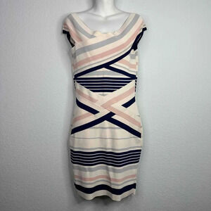 Morgan De Toi Womens Striped Bandage Bodycon Midi Dress Cap Sleeves Size XL‎